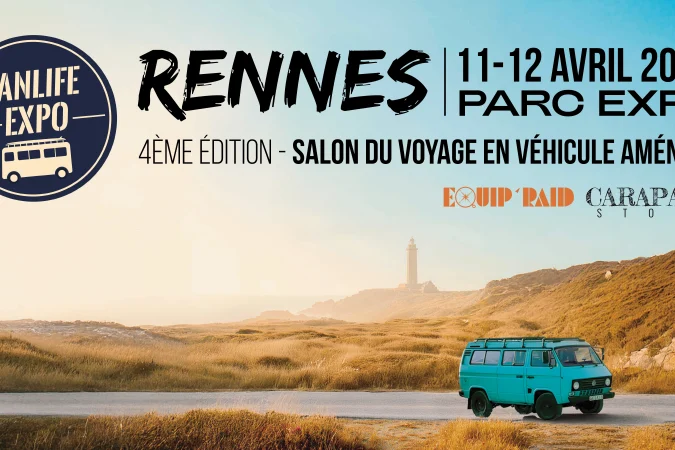 Affiche Vanlife Expo Rennes 2026 au Rennes Parc Expo les 11 et 12 avril 2026, salon du voyage en véhicule aménagé.
