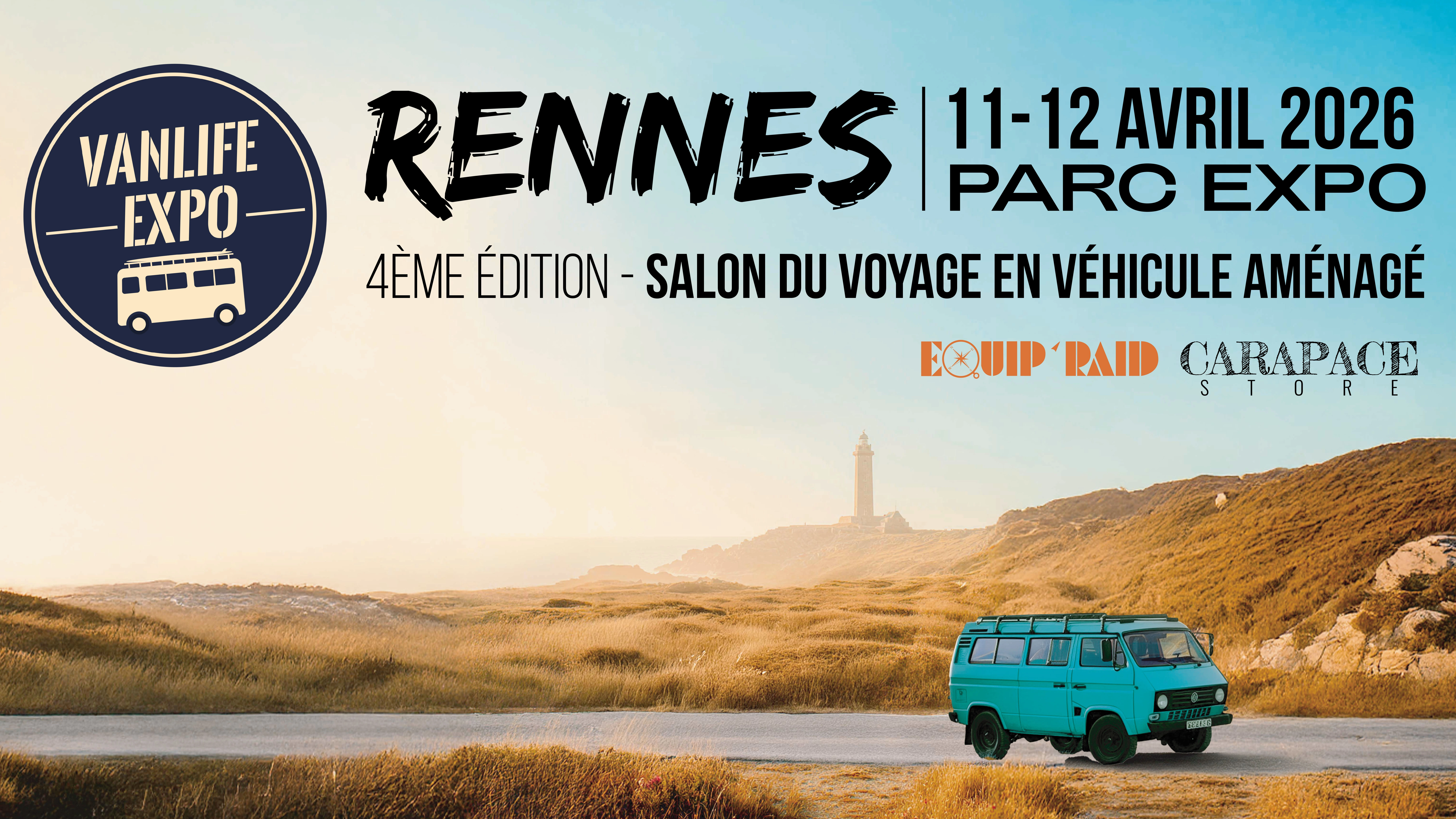 Affiche Vanlife Expo Rennes 2026 au Rennes Parc Expo les 11 et 12 avril 2026, salon du voyage en véhicule aménagé.