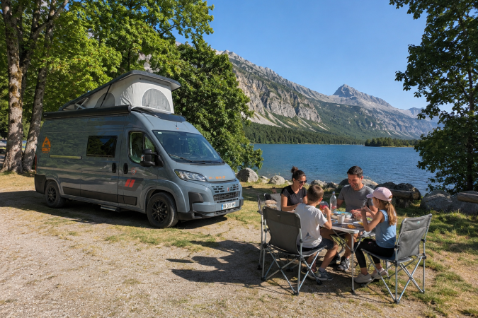 Famille en van VAN-IT au bord d’un lac de montagne pour un road trip depuis Annecy
