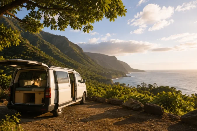 Van aménagé à La Réunion avec vue sur l’océan et les montagnes