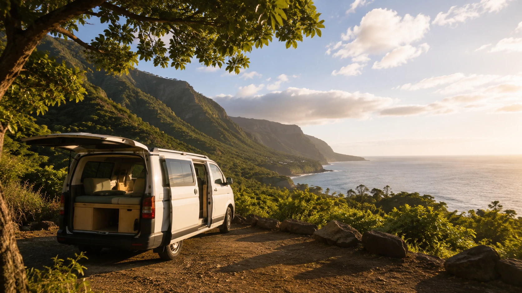 Van aménagé à La Réunion avec vue sur l’océan et les montagnes