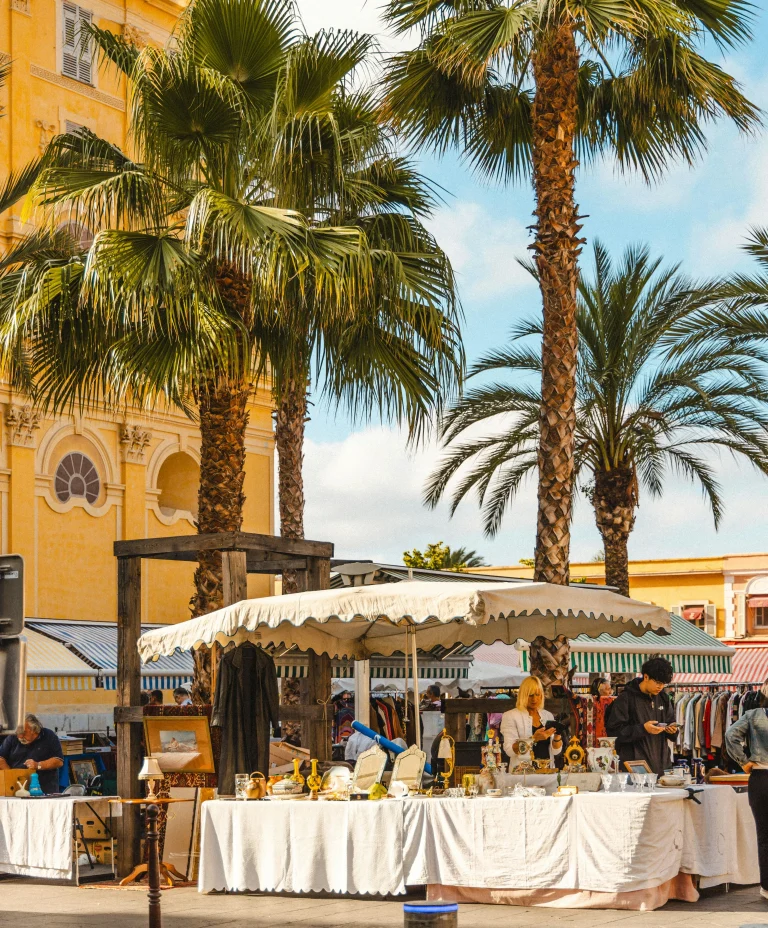 Marché en plein air sous les palmiers sur la place Garibaldi à Nice