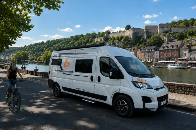 Van aménagé VAN-IT au bord de la Meuse lors d'un road trip dans les Ardennes